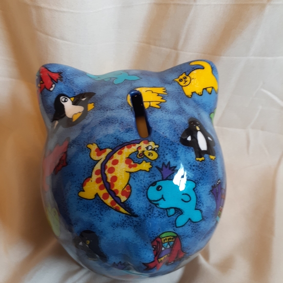 Ceramic Blue Piggy Bank with different animals - Picture 3 of 3